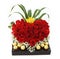 Floral gift arrangement made with red roses with chocolates inside a wooden pot