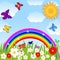 Floral glade, butterflies and bright rainbow
