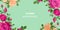 Floral green background. Roses, buds and leaves in retro style with copyspace. Pink, red, purple, orange colors, flower
