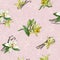 Floral hand-drawn vector seamless pattern. Yellow vanilla flowers on a coral background. Endless vector texture for kitchen