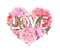 Floral heart - pink peony flowers and text Love. Watercolor