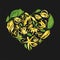 Floral heart shape illustration with ylang flowers on black background. Yellow tropical flowers with long petals with green leaves