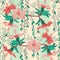 Floral Hibiscus and hanging vines pattern with an ornamental feel. Seamless pattern.