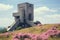 Floral Hillside Beauty with Brutalist Monument. Generative AI