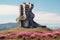 Floral Hillside Beauty with Brutalist Monument. Generative AI