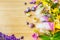 Floral Ice Pops and fresh summer flowers with space for text. Colorful wildflowers in melting ice hearts and popsicles on wooden