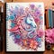 Floral intricate drawing of pegasus in an artistic notebook made of multicolored paper. Created by AI