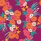 Floral jungle with snakes seamless pattern, tropical flowers and leaves, botanical hand drawn vibrant