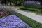 Floral landscaping in city park. Lush flower bed with pink, purple, blue and flowers near pedestrian sidewalk. Modern