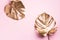 Floral minimal style concept. Exotic summer trend. Golden tropical palm monstera leaf on pastel pink color background. Shiny and