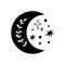 Floral moon graphic element. Isolated moon shape, branch, stars. Celestial crescent for Ramadan. Black moon illustration