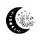 Floral moon logo. Moon phase flowers. Black moon icon. Celestial crescent isolated element. Hand drawing