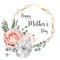 Floral mother`s day card with geometric gold frame,herb,rose,cotton,succulent,eucalypyus leaves in watercolor style