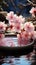 Floral oasis Wide angle view features pink flowers, lush branch, and water filled bowl