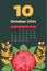 Floral October 2024 calendar template. With bright colorful flowers.