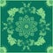 Floral ornament with mandala in the center. Light green flowers on dark green background. Summer bandana print