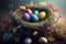 Floral painted Easter eggs and bird nest animal holiday spring background Generative AI