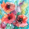 Floral painted poppy landscape with buds and blue sky illustration with background Ink and watercolor painting.