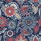 Floral paisley seamless pattern with colorful folk oriental motifs or mehndi elements on blue background. Motley