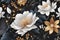 Floral pattern, a beautiful fusion of most delicate elements. Delicate blossoms of white and golden flowers with dark blue leaves