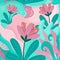 This floral pattern illustration features pink and green leaves