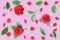 Floral pattern made of red Camellias and green leaves, branche