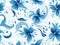 Floral pattern with orange and blue flowers on a white background with swirls and leaves