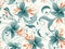 Floral pattern with orange and blue flowers on a white background with swirls and leaves