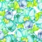 Floral pattern with the turquoise and blue beautiful flowers painted in watercolor on a white background