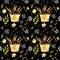 floral pattern with wicker bag with spikelets of, flax flowers, and wild flowers on black background.