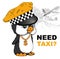 Floral print for clothes. Floral print design with lettering. Greeting card. Vector illustration.Penguin in a cap taxi driver. Pen