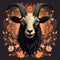 Floral Print Goat With Big Horns Dark Symbolism Illustration