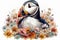 Floral Puffin Sublimation Clipart isolate on white background.