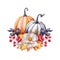 Floral pumpkins, Thanksgiving watercolor illustration, autumn flowers, harvest, botanical fall decor, festive clip art isolated on