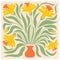 Floral retro poster with narcissuses.Trendy hand drawn flowers infantile style. Seventies, groovy background.Matisse curves