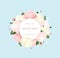 Floral romantic wedding invitation design with pale pink and cream peony in wreath and hearts on blue background. - Vector