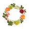 Floral round crown (wreath) with flowers and leaves. Flat lay