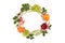 Floral round crown (wreath) with flowers and leaves. Flat lay