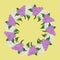 Floral round frame from lilac. White and purple lilac flowers with green leaves on a yellow background