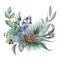 Floral rustic winter arrangement watercolor illustration. Hand drawn natural decor with blue jay bird, pine, eucalyptus leaves.