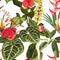 Floral seamless pattern, Alocasia plant, palm leaves and red yellow tropical flowers on white background.