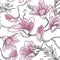 Floral seamless pattern background with hand drawn tropical japanese flowers, magnolia flowers, spring branches.