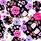 Floral seamless pattern. Beautiful painted flowers in folk style on black and white background