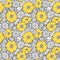 Floral seamless pattern. Big illuminating yellow flowers and white leaves on ultimate gray background. Vector illustration.