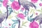 Floral seamless pattern with birds cranes and leaves and flowers