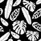 Floral seamless pattern, black and white, many kind of leaf plant on black background, line art ink drawing.