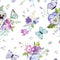 Floral Seamless Pattern with Blooming Flowers and Flying Butterflies. Watercolor Nature Background for Fabric, Wallpaper