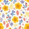 Floral seamless pattern with blooming summer meadow plants. Botanical backdrop with flowers and berries on white