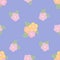 Floral seamless pattern of bouquets of pink, yellow, orange stylized peonies, roses on a blue background.