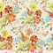 Floral seamless pattern with bright flowers, leaves and dots -